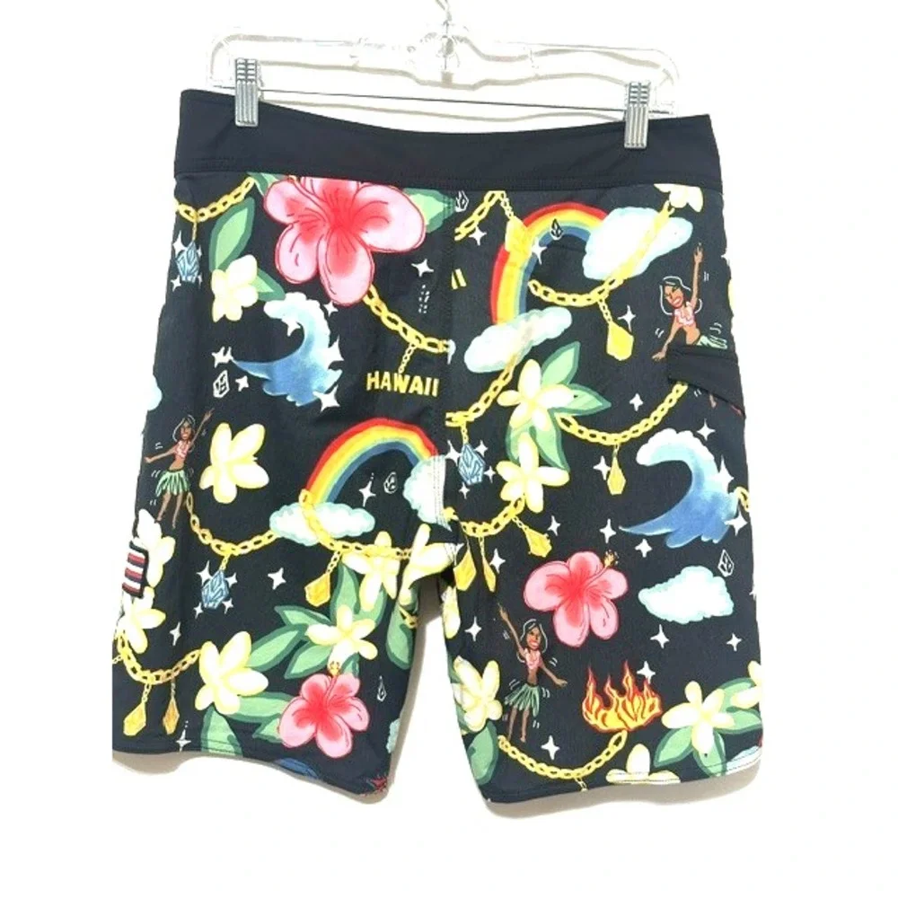 Volcom Men's Size 30 Black Multicolor Hawaiian Print Mod Tech Board Shorts